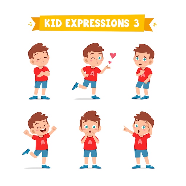 Cute little kid boy in various expressions and gesture set