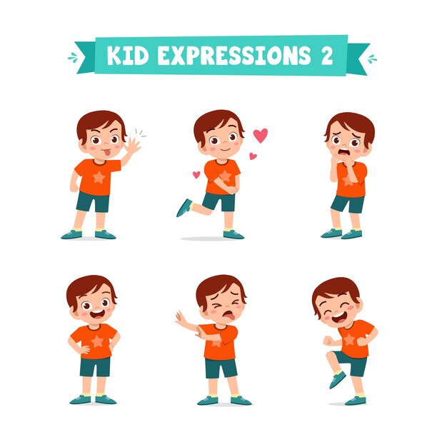 Cute little kid boy in various expressions and gesture set