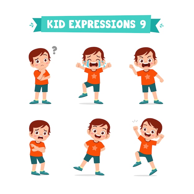 Cute little kid boy in various expressions and gesture set