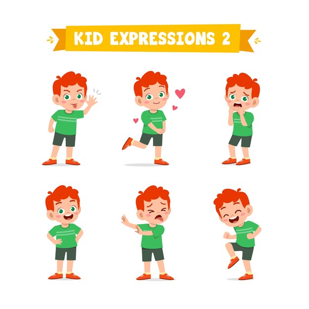 Cute little kid boy in various expressions and gesture set