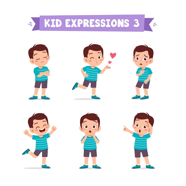 Cute little kid boy in various expressions and gesture set