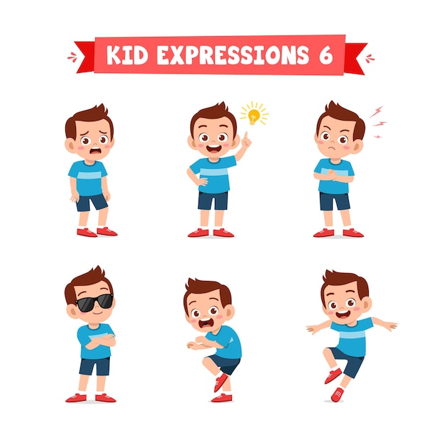 Cute little kid boy in various expressions and gesture set