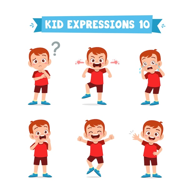 Cute little kid boy in various expressions and gesture set