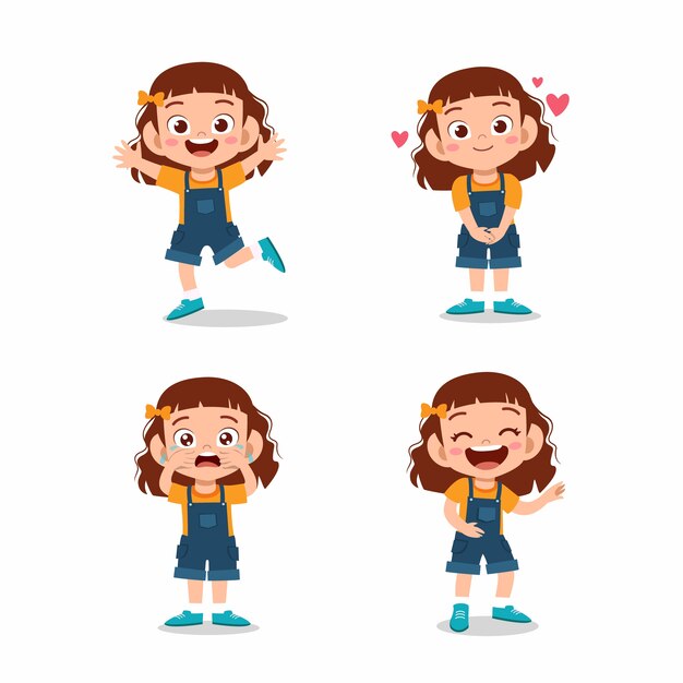Cute little kid girl pose with various expression set