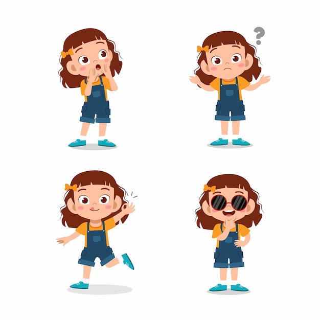 Cute little kid girl pose with various expression set