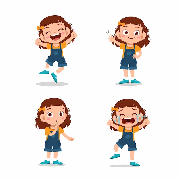 Cute little kid girl pose with various expression set