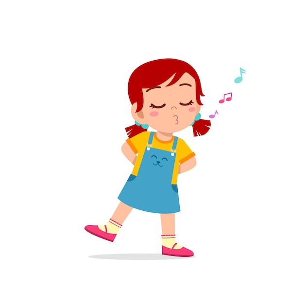 Vector cute little kid girl stand and whistling with mouth