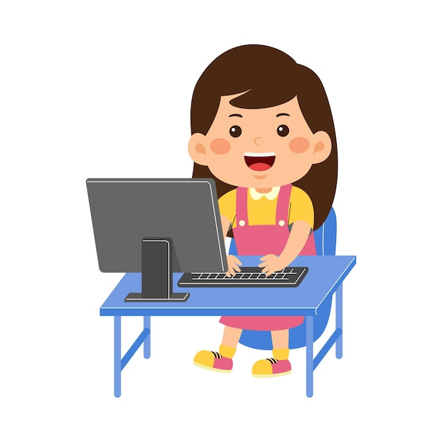 かわいい小さな子供女の子はコンピューターを使用します。