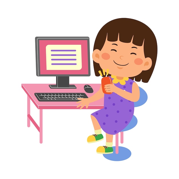 かわいい小さな子供女の子はコンピューターを使用します。