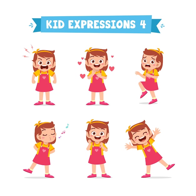 Vector cute little kid girl in various expressions and gesture set