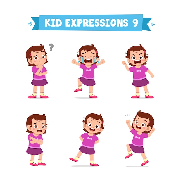 Cute little kid girl in various expressions and gesture set