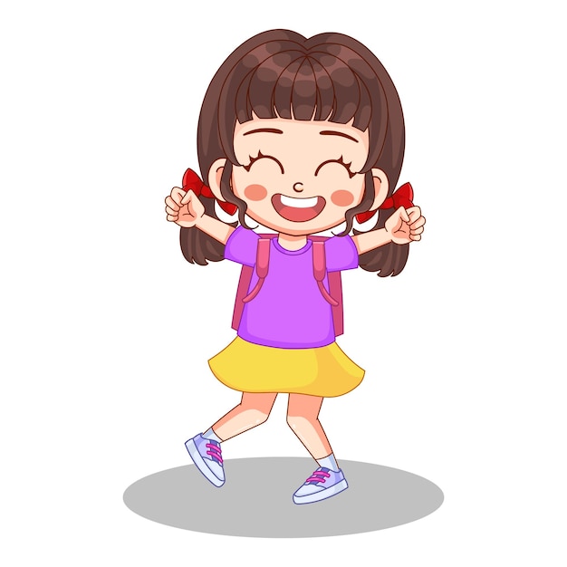 Cute little kid girl with backpack vector illustration. The kid girl goes to school.