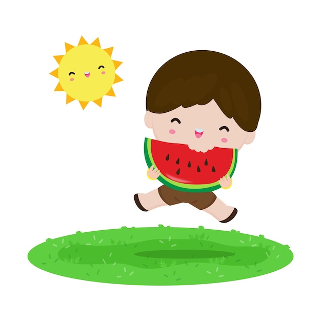 Cute little kid holding watermelon and jumping feeling happy flat cartoon