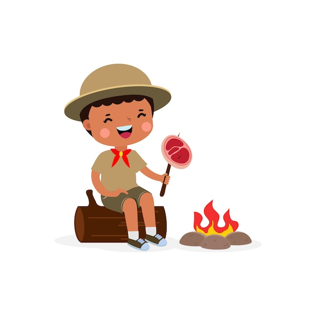 Cute little kid sitting on log and Roasting beef on campfire boy scout or girl scout honor uniform