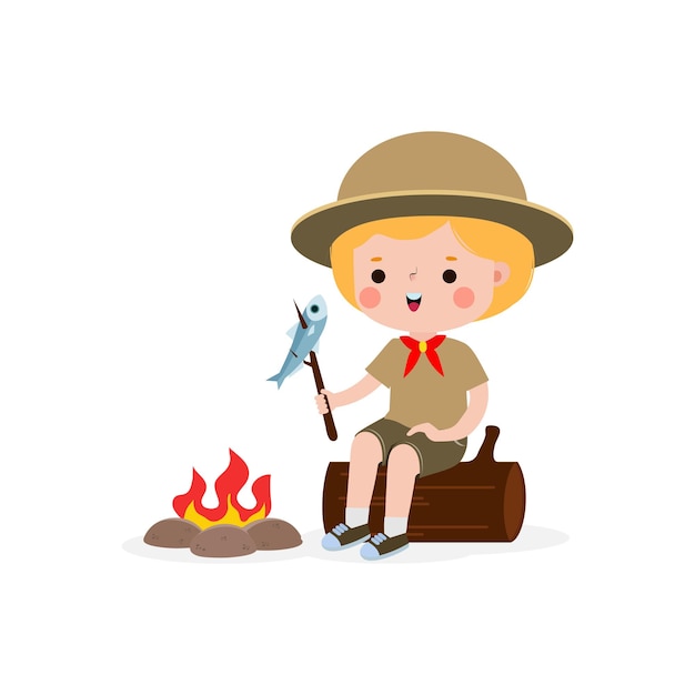 Cute little kid sitting on a log and roasting fish on campfire boy scout or girl scout honor