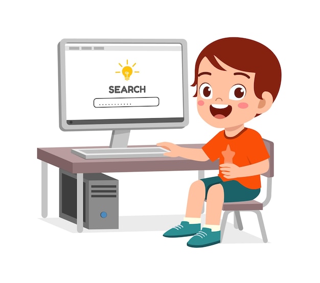 Милый маленький ребенок использует компьютер для изучения интернета
