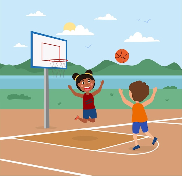 Vector cute little kids are playing basketball on a court outdoors together smiling children enjoing the