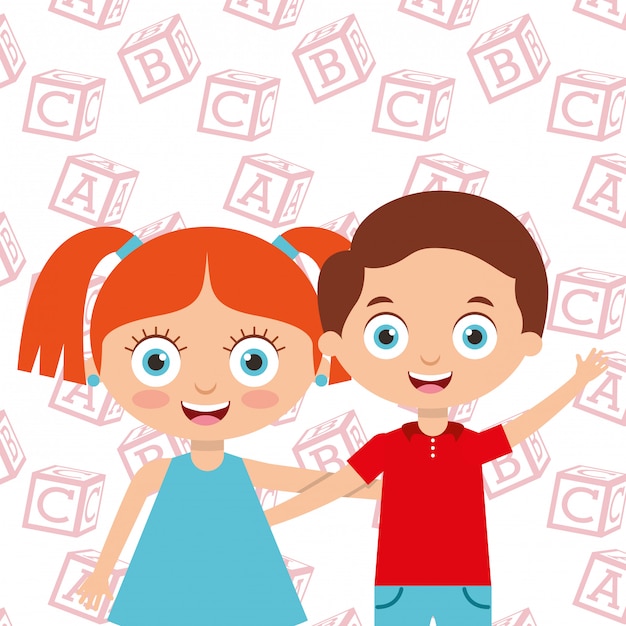 Vector cute little kids boy and girl embrace friends with alphabet blocks background