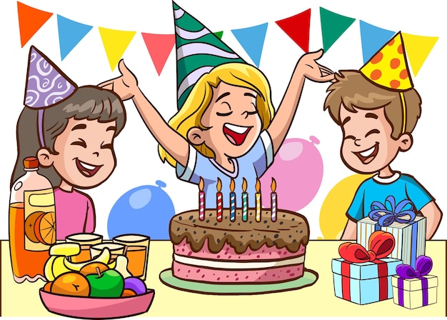 cute little kids celebrating birthday cartoon vector illustration