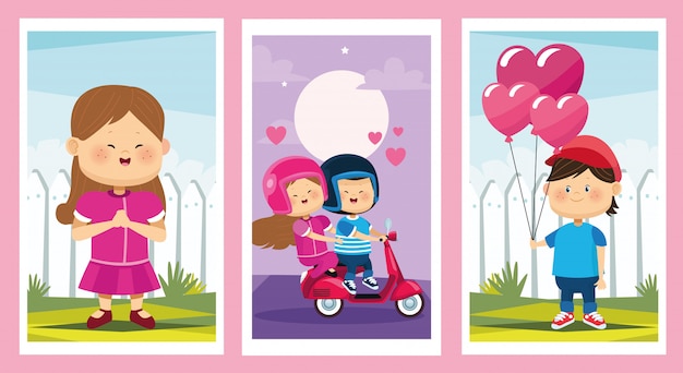 Vector cute little kids couples group characters