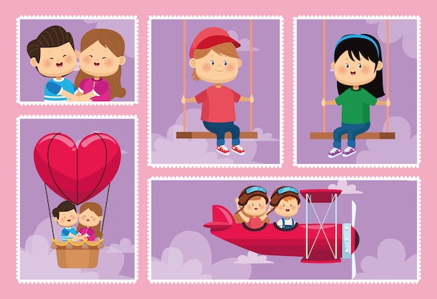 Vector cute little kids couples group characters