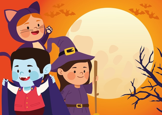 Vector cute little kids dressed as a cat and witch with dracula in moon scene vector illustration design