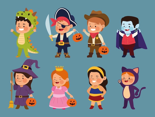 Vector cute little kids dressed as a differents characters vector illustration design