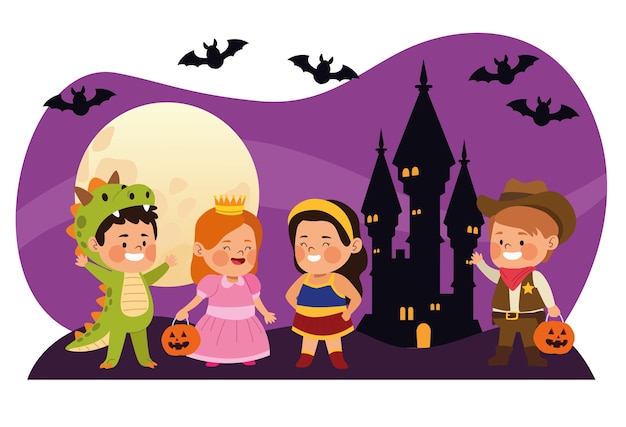 Симпатичные маленькие дети, одетые как разные персонажи с летучими мышами в ночной сцене замка, векторная иллюстрация