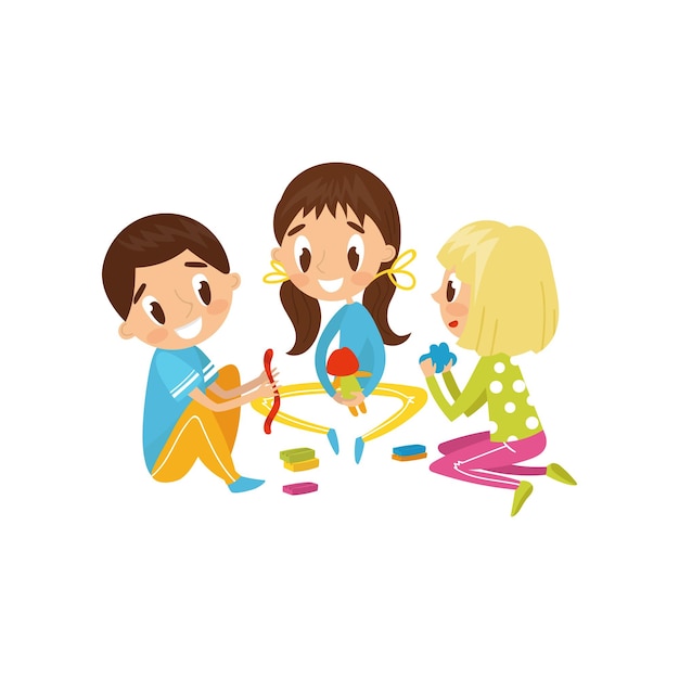 Cute little kids making figures from a plasticine education and child development concept vector Illustration on a white background