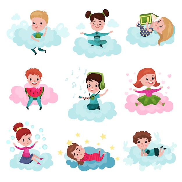 Cute little kids playing and dreaming while sitting on clouds set of colorful   Illustrations