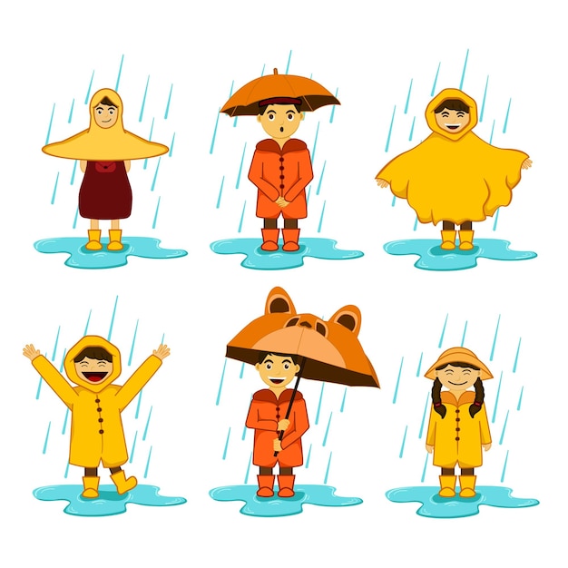 Bambini carini sotto la pioggia con uno stile diverso di impermeabile