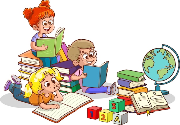 Vector cute little kids reading books