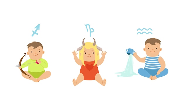 Vector cute little kids wearing as zodiac signs set sagittarius capricorn aquarius vector illustration