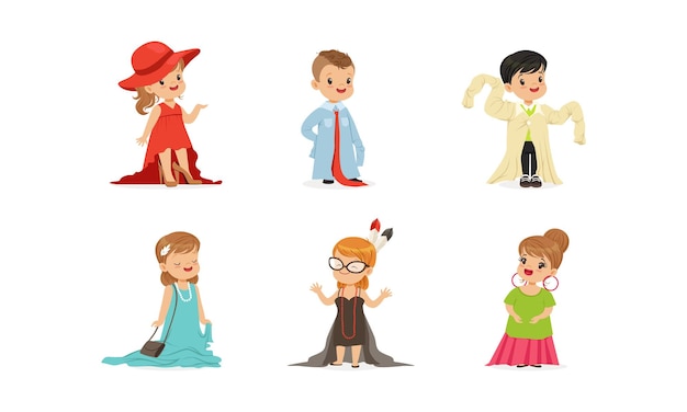 Vector cute little kids wearing elegant adult oversized clothes vector illustrations set