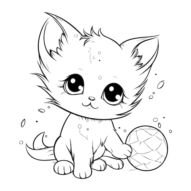 Cute little kitten with ball Vector illustration for coloring book