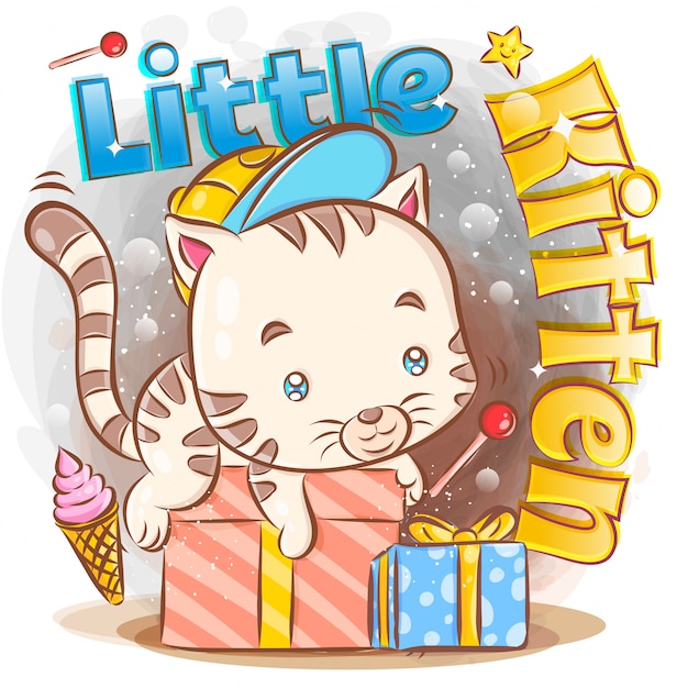 Vector cute little kitten with birthday gift