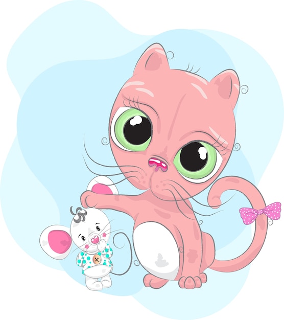 Vector cute little kitten with mouse friends