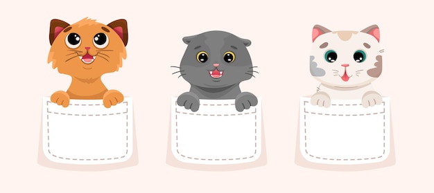 Simpatici gattini all'interno delle tasche gatti disegnati a mano per la stampa del bambino o il design della maglietta