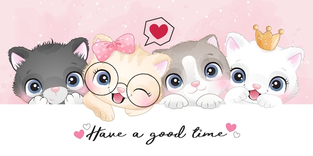 Cute little kittens with watercolor effect illustration