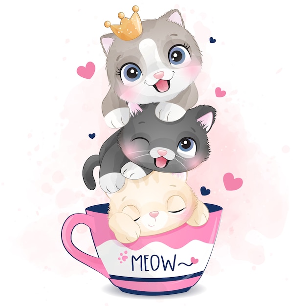 Premium Vector, Cute little kittens with watercolor effect illustration