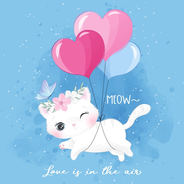 Cute little kitty flying with balloon