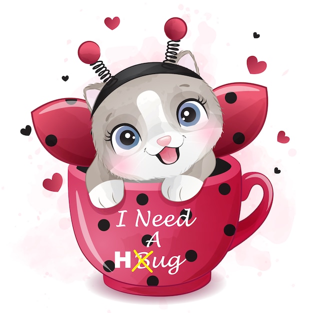 Cute little kitty sitting in a cup illustration