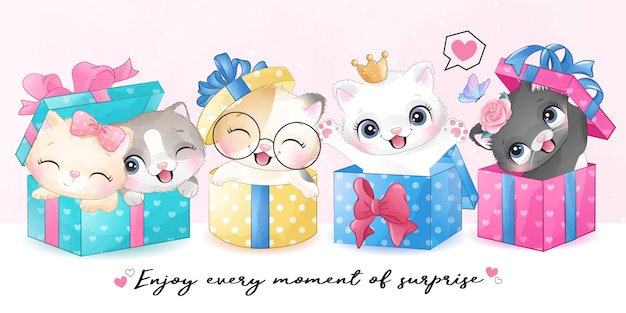 Cute little kitty sitting inside gift box illustration