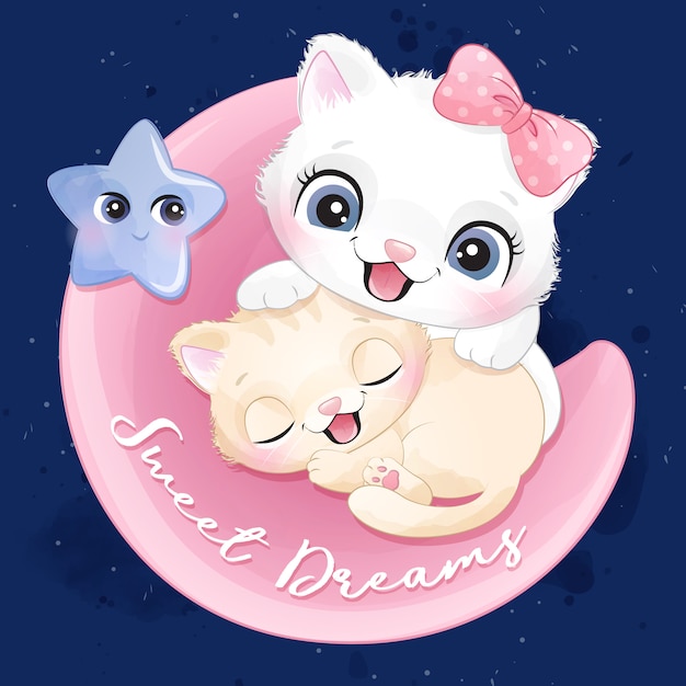 Vector cute little kitty sleeping in a moon illustration