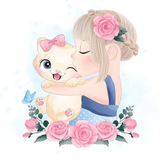 Cute little kitty with watercolor illustrationCute girl kissing a little kitty with watercolor illustration