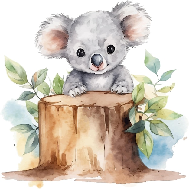 Cute little koala cartoon on stump tree with watercolor painting style