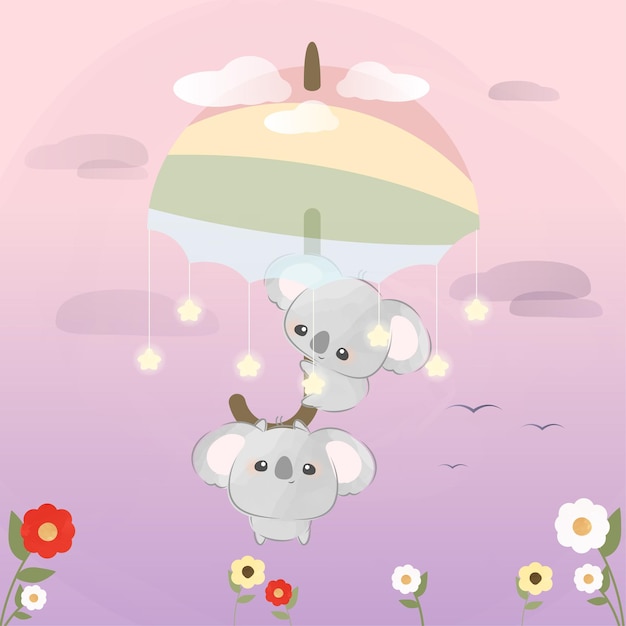 Vector cute little koalas flying with rainbow umbrella