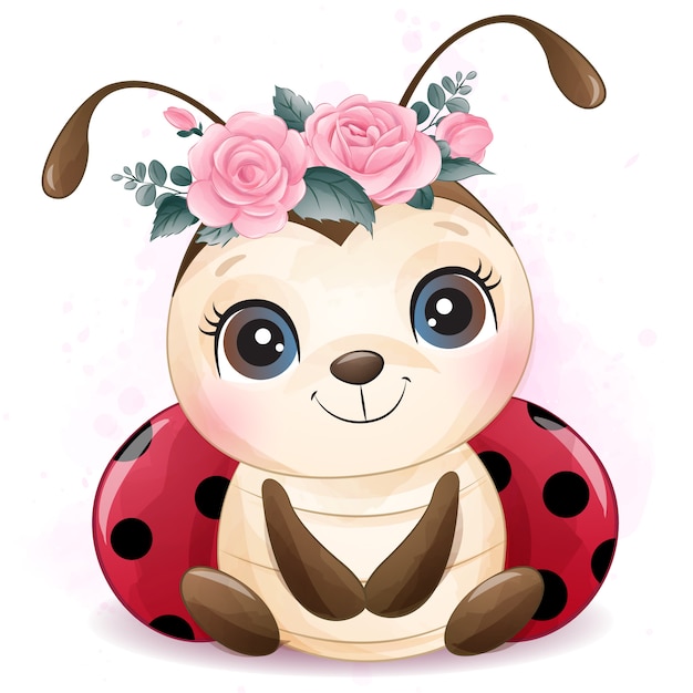 Cute little ladybird with watercolor illustration