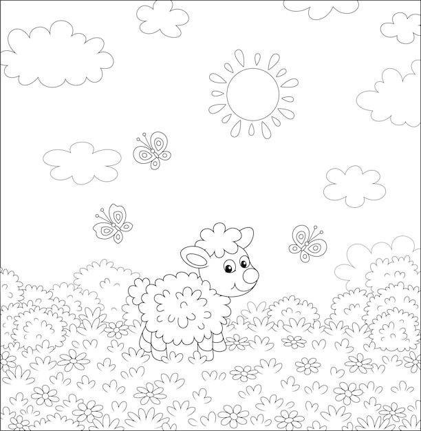 Cute little lamb and flittering butterflies among flowers on a meadow on a sunny summer day
