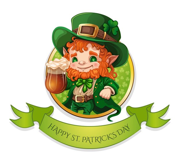 Cute little leprechaun raises a mug of foamy beer